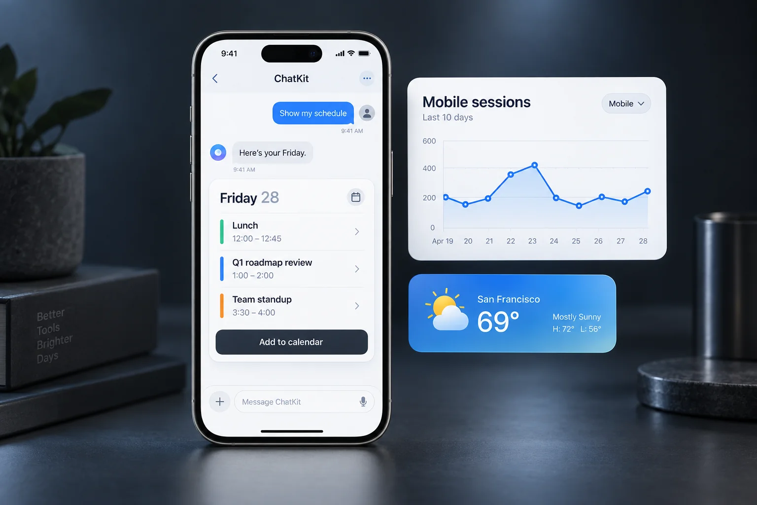 Concept illustration of ChatKit on iPhone, with a native calendar card, a line chart, and a weather widget